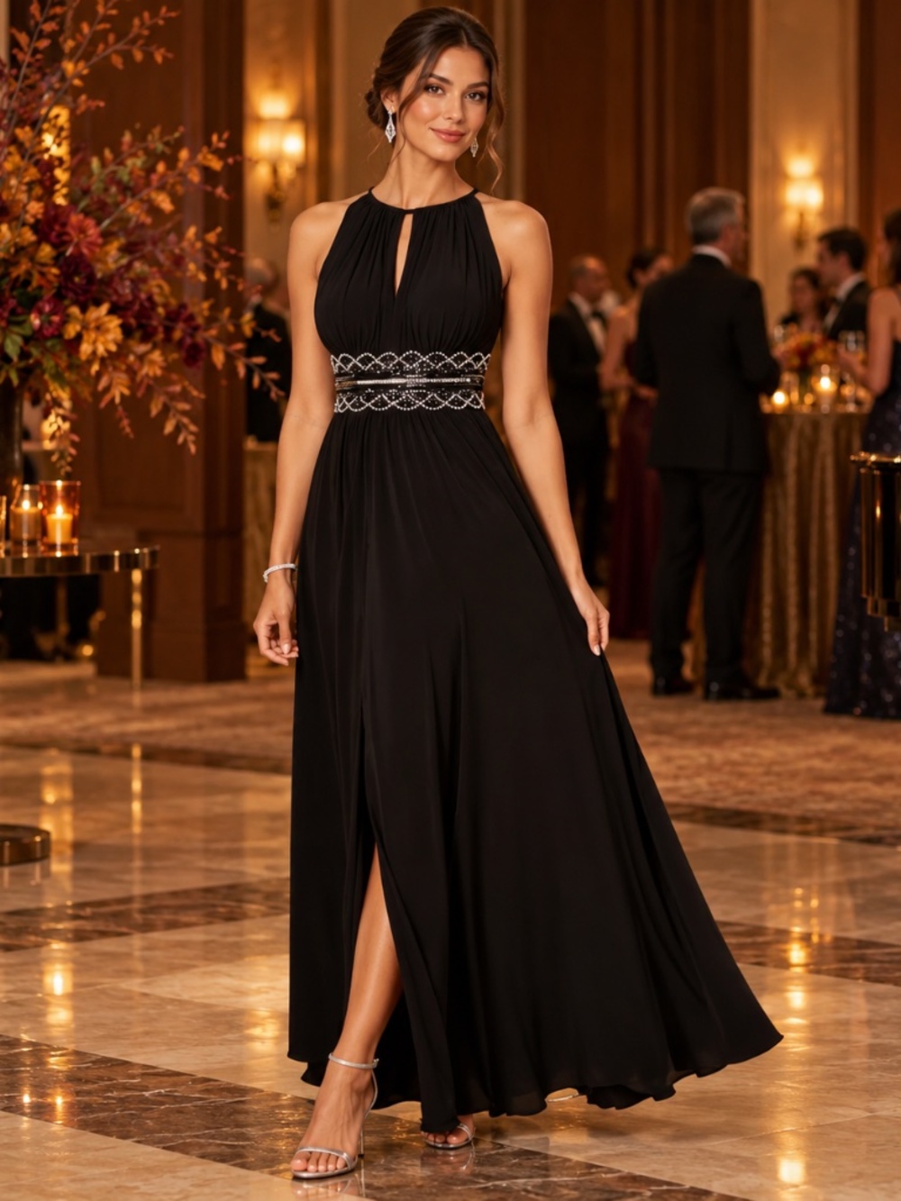 R&M Richards Black Beaded Evening Gown Keyhole Formal Dress NWT